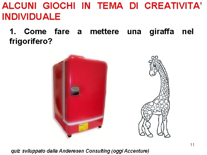 ALCUNI GIOCHI IN TEMA DI CREATIVITA’ INDIVIDUALE 1. Come fare frigorifero? a mettere una