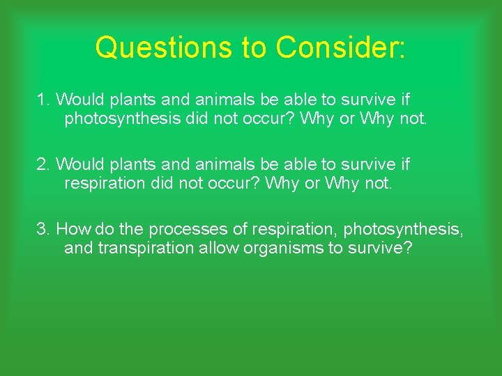 Questions to Consider: 1. Would plants and animals be able to survive if photosynthesis