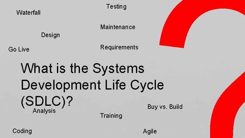 Testing Waterfall Maintenance Design Requirements Go Live What is the Systems Development Life Cycle
