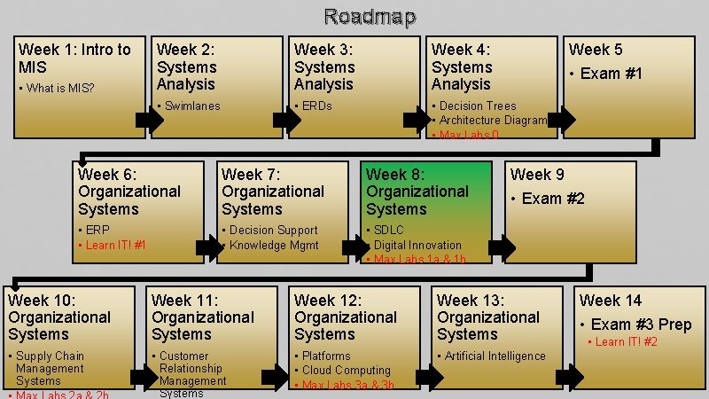 Roadmap Week 1: Intro to MIS • What is MIS? Week 2: Systems Analysis