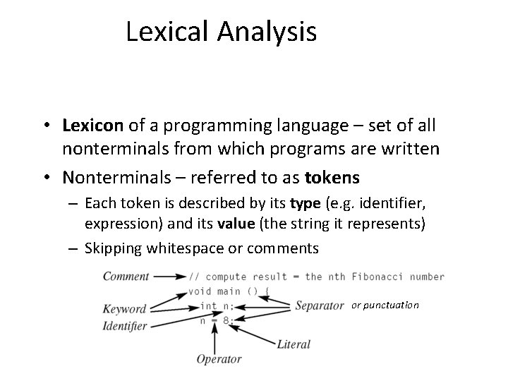 Lexical Analysis • Lexicon of a programming language – set of all nonterminals from