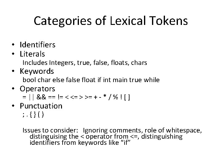 Categories of Lexical Tokens • Identifiers • Literals Includes Integers, true, false, floats, chars