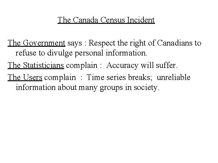 The Canada Census Incident The Government says : Respect the right of Canadians to