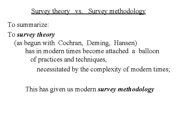 Survey theory vs. Survey methodology To summarize: To survey theory (as begun with Cochran,
