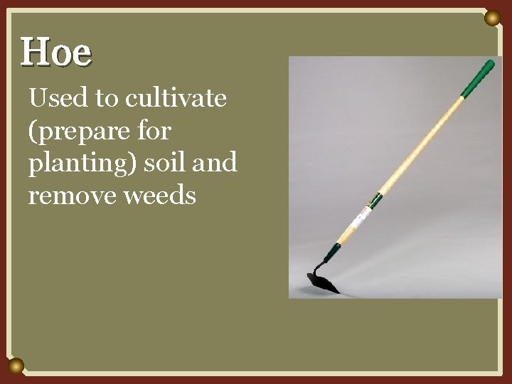 Hoe Used to cultivate (prepare for planting) soil and remove weeds 