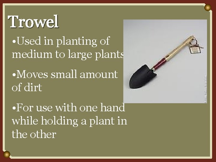 Trowel • Used in planting of medium to large plants. • Moves small amount
