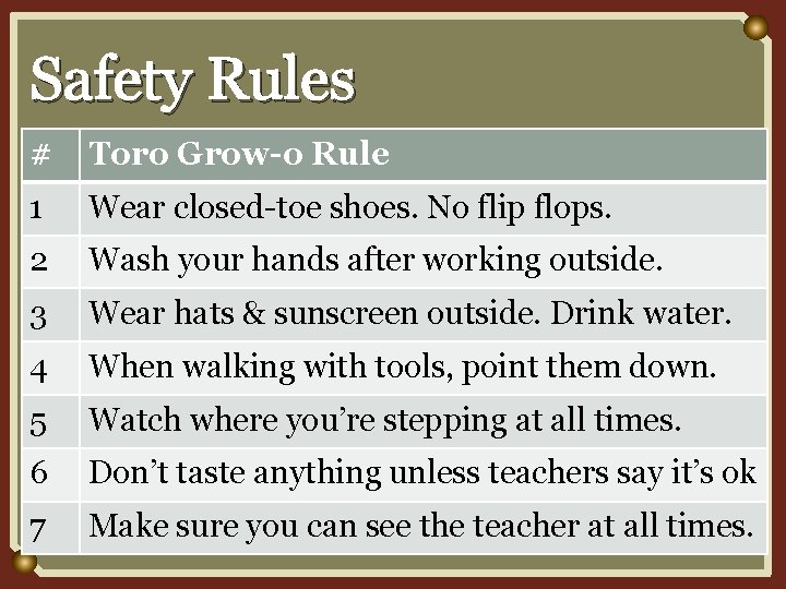 Safety Rules # Toro Grow-o Rule 1 Wear closed-toe shoes. No flip flops. 2