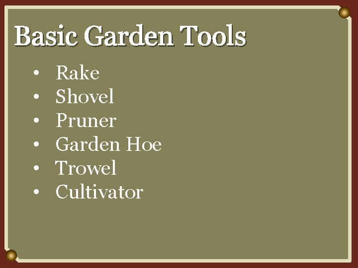 Basic Garden Tools • • • Rake Shovel Pruner Garden Hoe Trowel Cultivator 
