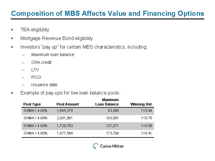 Composition of MBS Affects Value and Financing Options § TBA eligibility § Mortgage Revenue