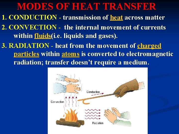 MODES OF HEAT TRANSFER 1. CONDUCTION - transmission of heat across matter 2. CONVECTION