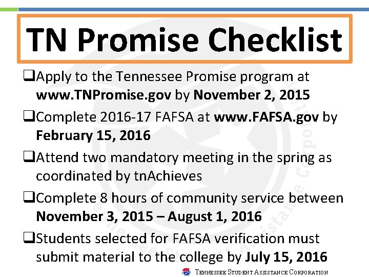 TN Promise Checklist q. Apply to the Tennessee Promise program at www. TNPromise. gov