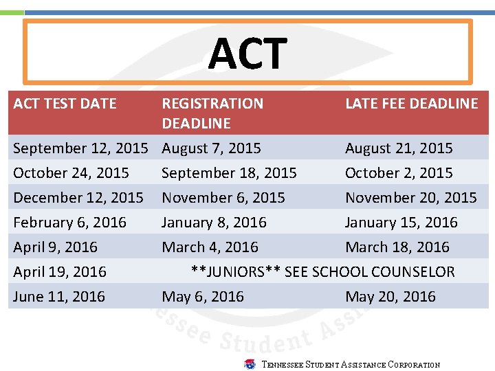 ACT TEST DATE REGISTRATION DEADLINE September 12, 2015 August 7, 2015 October 24, 2015