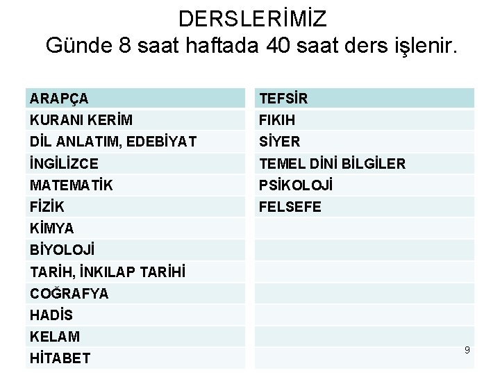 DERSLERİMİZ Günde 8 saat haftada 40 saat ders işlenir. ARAPÇA TEFSİR KURANI KERİM FIKIH