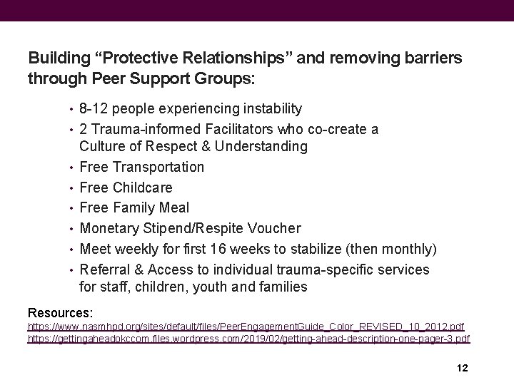 Building “Protective Relationships” and removing barriers through Peer Support Groups: • 8 -12 people