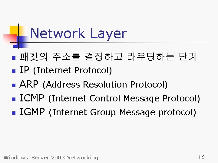 Network Layer n n n 패킷의 주소를 결정하고 라우팅하는 단계 IP (Internet Protocol) ARP
