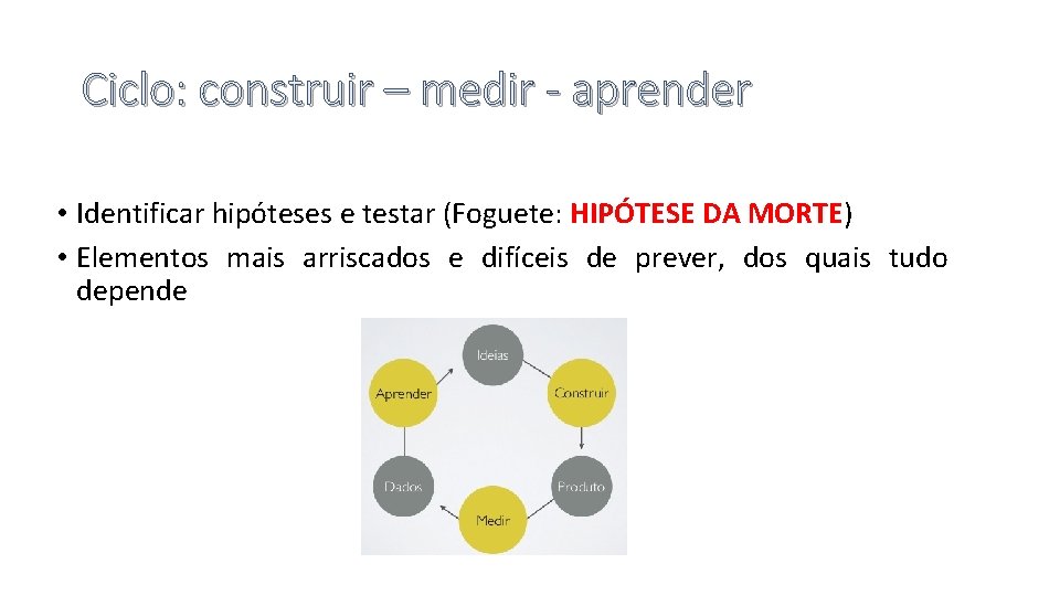 Ciclo: construir – medir - aprender • Identificar hipóteses e testar (Foguete: HIPÓTESE DA