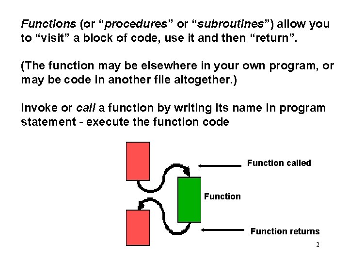 Functions (or “procedures” or “subroutines”) allow you to “visit” a block of code, use Functions (or “procedures” or “subroutines”) allow you to “visit” a block of code, use