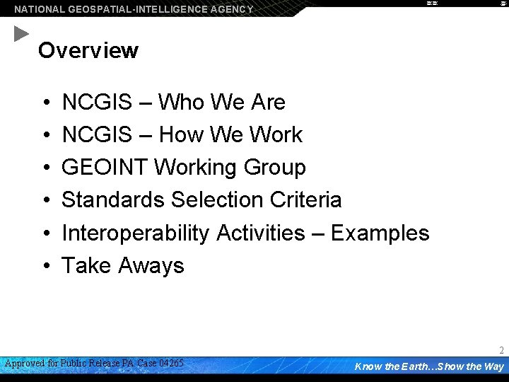 NATIONAL GEOSPATIAL-INTELLIGENCE AGENCY Overview • • • NCGIS – Who We Are NCGIS –