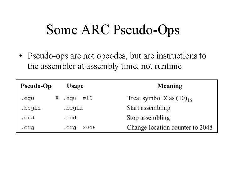 Some ARC Pseudo-Ops • Pseudo-ops are not opcodes, but are instructions to the assembler