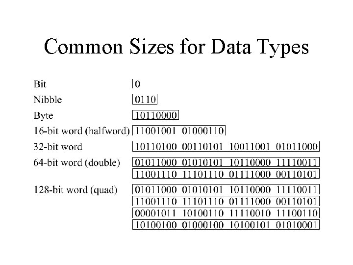 Common Sizes for Data Types 