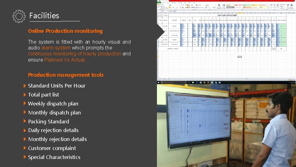 Facilities Online Production monitoring The system is fitted with an hourly visual and audio