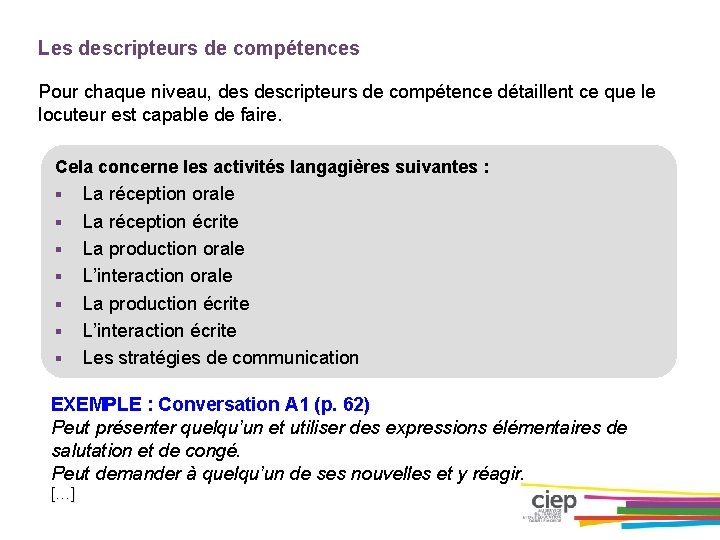 Les descripteurs de compétences Pour chaque niveau, descripteurs de compétence détaillent ce que le