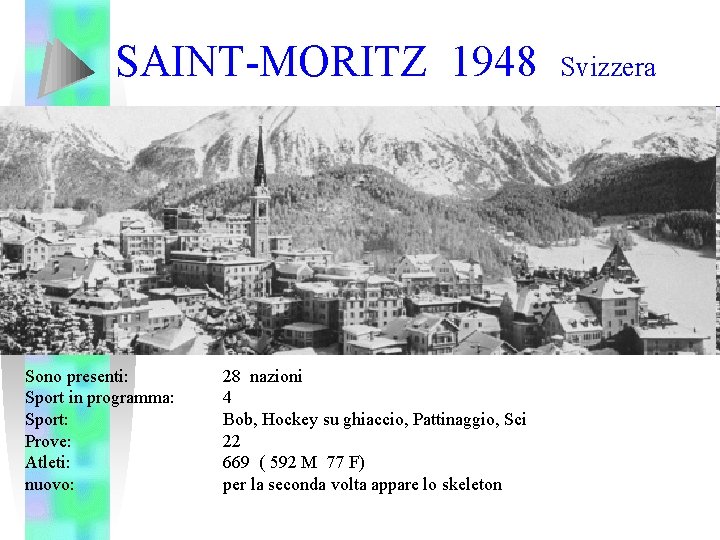 SAINT-MORITZ 1948 Sono presenti: Sport in programma: Sport: Prove: Atleti: nuovo: 28 nazioni 4