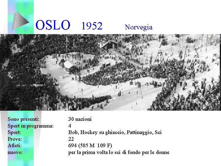 OSLO 1952 Sono presenti: Sport in programma: Sport: Prove: Atleti: nuovo: Norvegia 30 nazioni