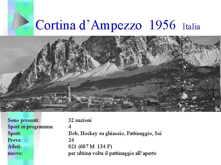 Cortina d’Ampezzo 1956 Sono presenti: Sport in programma: Sport: Prove: Atleti: nuovo: 32 nazioni