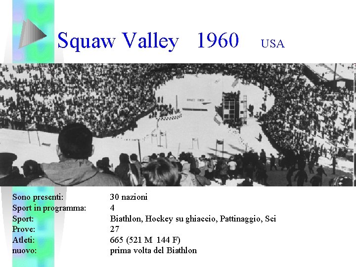 Squaw Valley 1960 Sono presenti: Sport in programma: Sport: Prove: Atleti: nuovo: USA 30