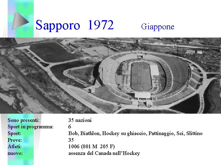 Sapporo 1972 Sono presenti: Sport in programma: Sport: Prove: Atleti: nuovo: Giappone 35 nazioni