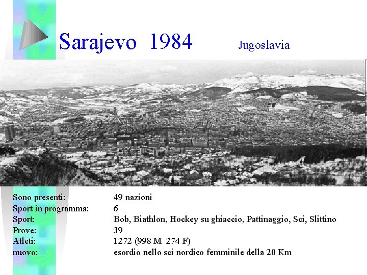 Sarajevo 1984 Sono presenti: Sport in programma: Sport: Prove: Atleti: nuovo: Jugoslavia 49 nazioni