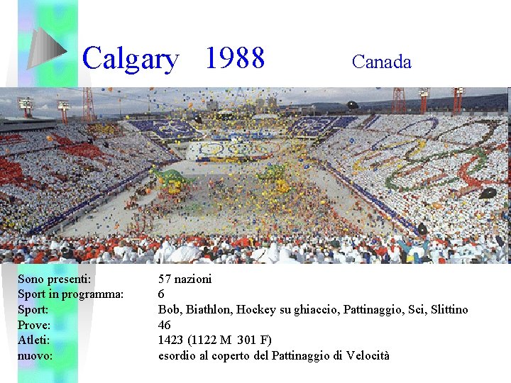 Calgary 1988 Sono presenti: Sport in programma: Sport: Prove: Atleti: nuovo: Canada 57 nazioni