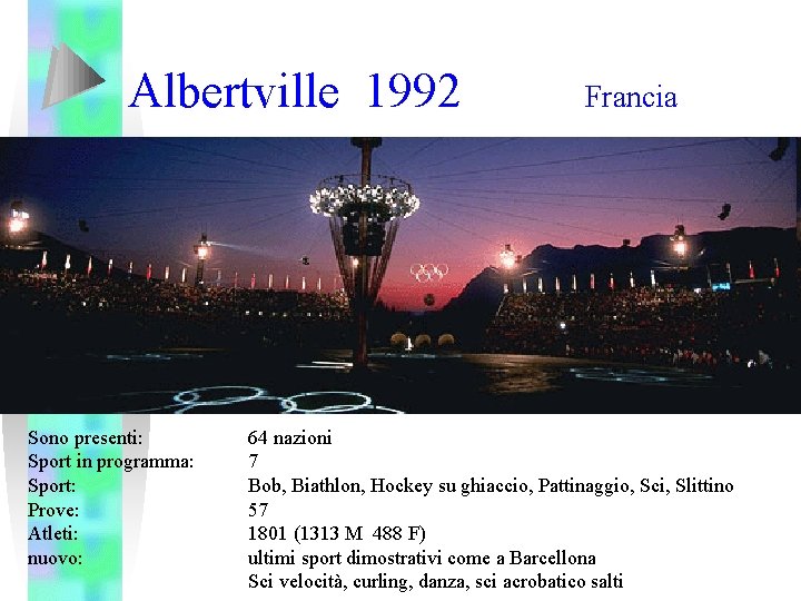 Albertville 1992 Sono presenti: Sport in programma: Sport: Prove: Atleti: nuovo: Francia 64 nazioni