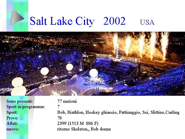 Salt Lake City 2002 Sono presenti: Sport in programma: Sport: Prove: Atleti: nuovo: USA