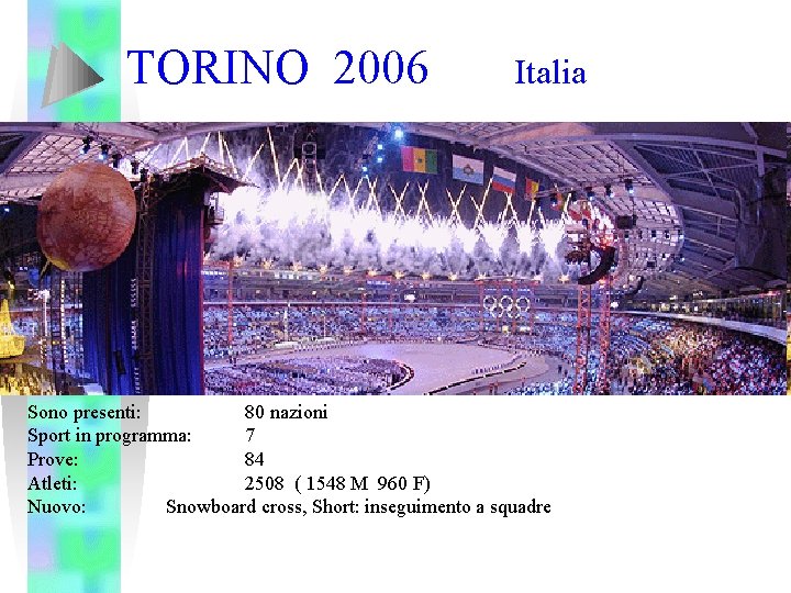 TORINO 2006 Italia Sono presenti: 80 nazioni Sport in programma: 7 Prove: 84 Atleti: