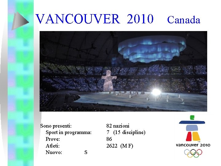 VANCOUVER 2010 Sono presenti: Sport in programma: Prove: Atleti: Nuovo: S 82 nazioni 7