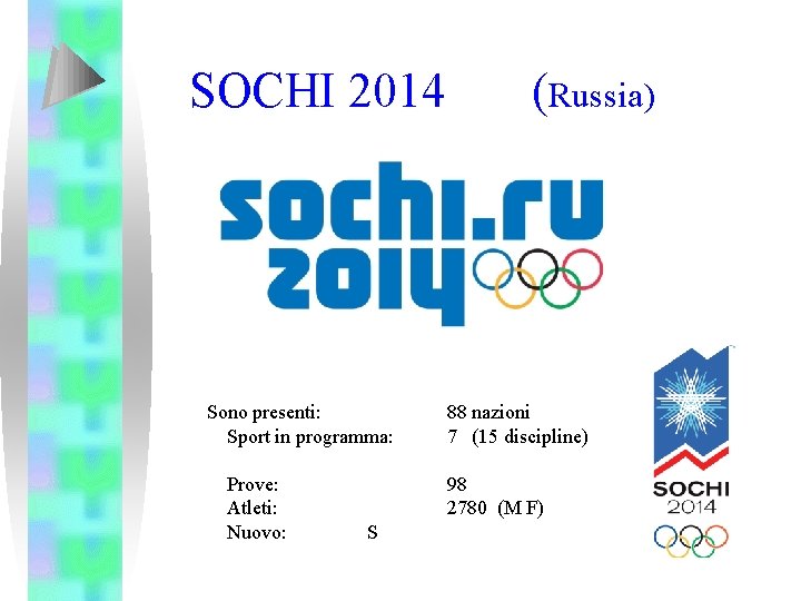 SOCHI 2014 Sono presenti: Sport in programma: Prove: Atleti: Nuovo: (Russia) 88 nazioni 7