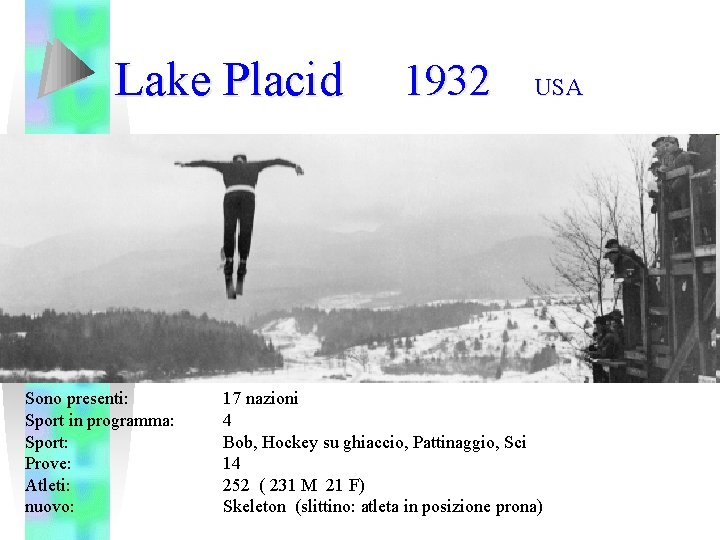 Lake Placid Sono presenti: Sport in programma: Sport: Prove: Atleti: nuovo: 1932 USA 17