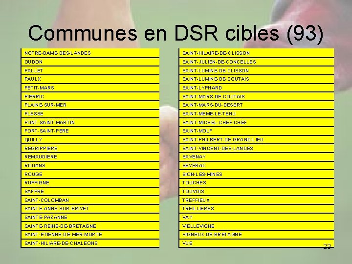 Communes en DSR cibles (93) NOTRE-DAME-DES-LANDES SAINT-HILAIRE-DE-CLISSON OUDON SAINT-JULIEN-DE-CONCELLES PALLET SAINT-LUMINE-DE-CLISSON PAULX SAINT-LUMINE-DE-COUTAIS PETIT-MARS