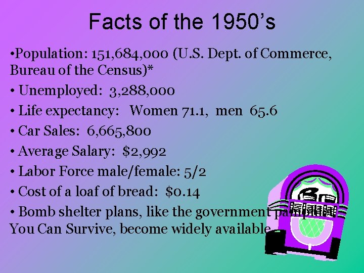 Facts of the 1950’s • Population: 151, 684, 000 (U. S. Dept. of Commerce,