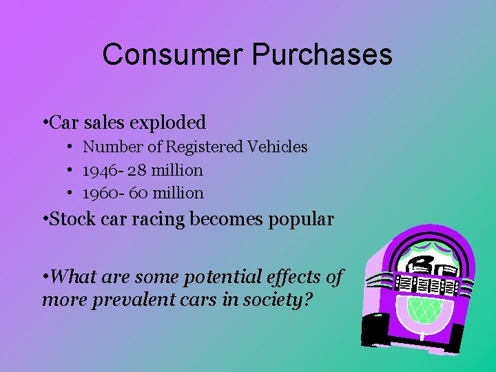 Consumer Purchases • Car sales exploded • Number of Registered Vehicles • 1946 -