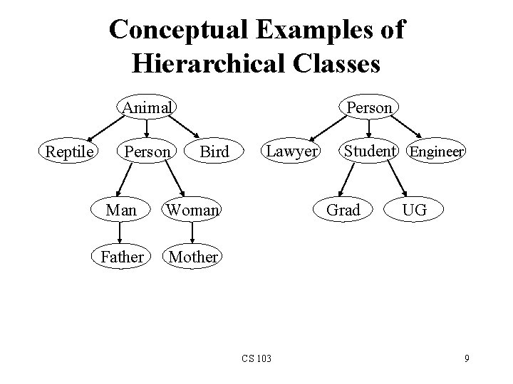 Conceptual Examples of Hierarchical Classes Animal Reptile Person Bird Man Woman Father Mother Lawyer