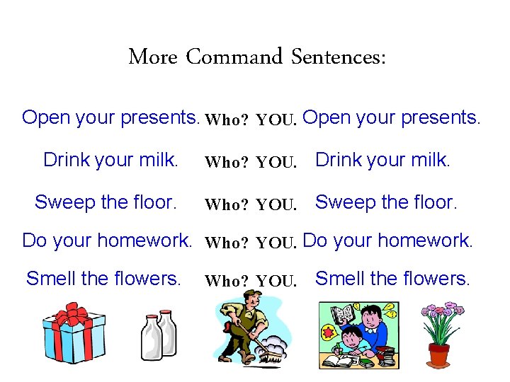 More Command Sentences: Open your presents. Who? YOU. Open your presents. Drink your milk.