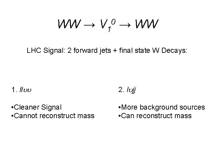 WW → V 10 → WW LHC Signal: 2 forward jets + final state