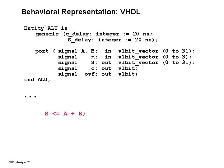 Behavioral Representation: VHDL Entity ALU is generic (c_delay: integer : = 20 ns; S_delay: