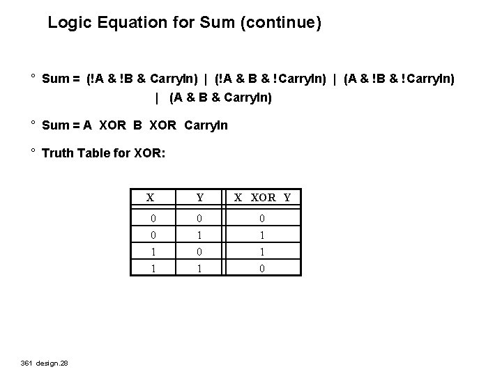 Logic Equation for Sum (continue) ° Sum = (!A & !B & Carry. In)
