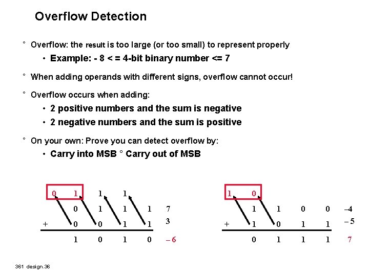 Overflow Detection ° Overflow: the result is too large (or too small) to represent