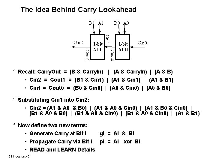 The Idea Behind Carry Lookahead B 1 A 1 Cout 0 Cout 1 1
