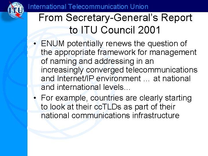 International Telecommunication Union From Secretary-General’s Report to ITU Council 2001 • ENUM potentially renews